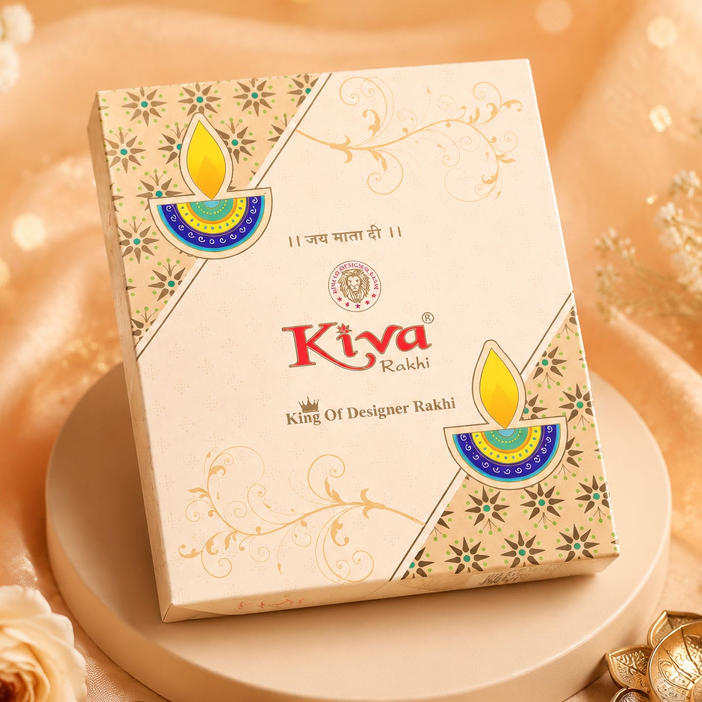 Antique Gold Blue Peacock Stone Designer Rakhi with Multicolor Beads, Roli Chawal Coin and Diya Packing