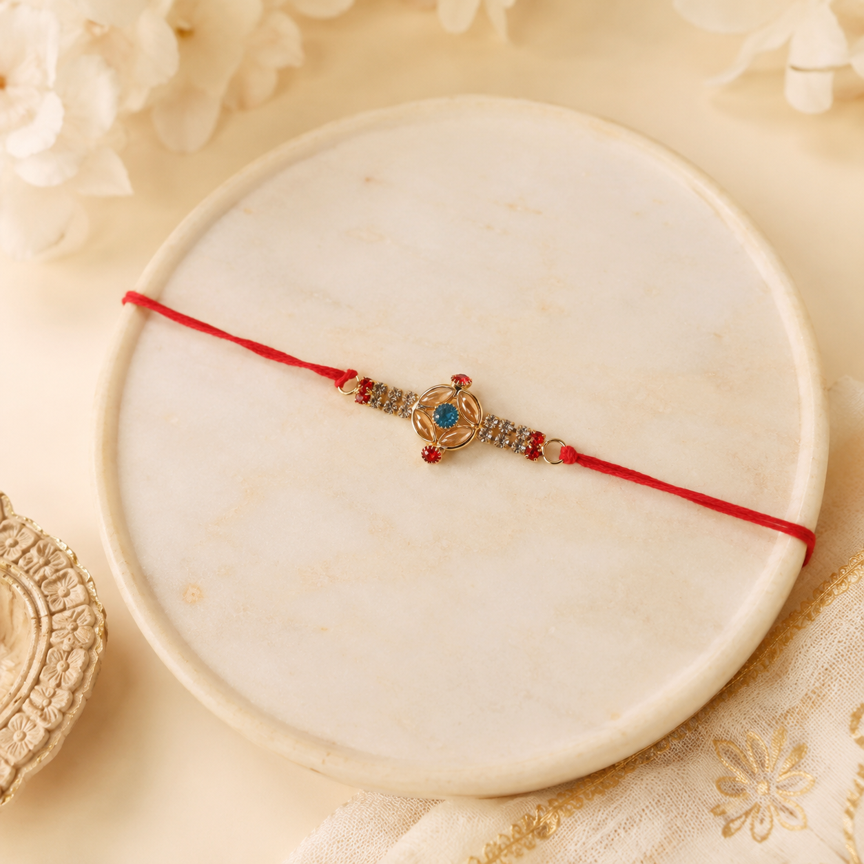 Tiny Oval Stone Rakhi with Red Thread and Delicate Gold Beads