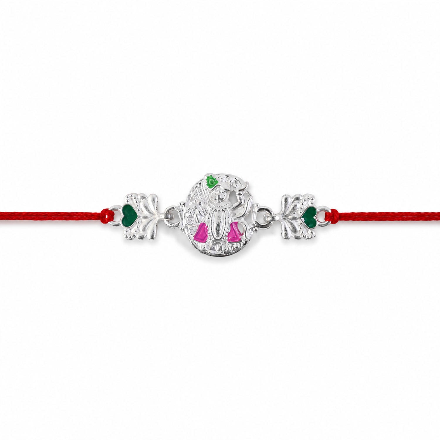 Silver Shrinathji Rakhi with Pink Green Stones and Elephant Charms