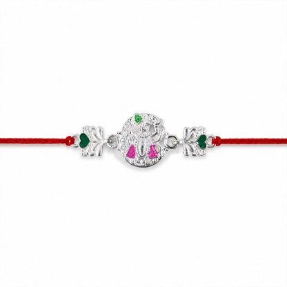Silver Shrinathji Rakhi with Pink Green Stones and Elephant Charms