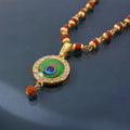 Gold Plated Peacock Feather Pendant Necklace with Rudraksha Mala