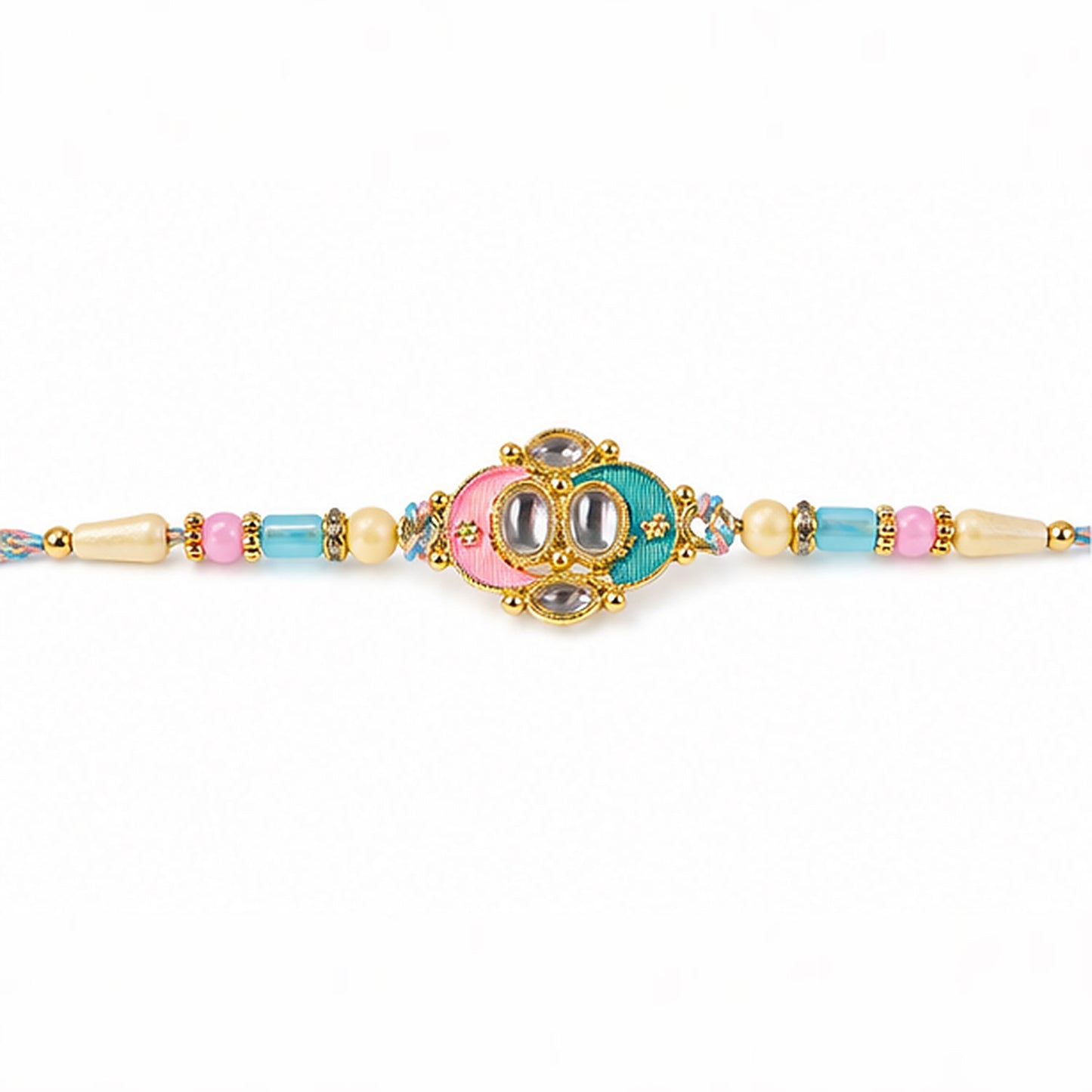 Teal and Pink Enamel Kundan Pendant Rakhi with Pastel Beads