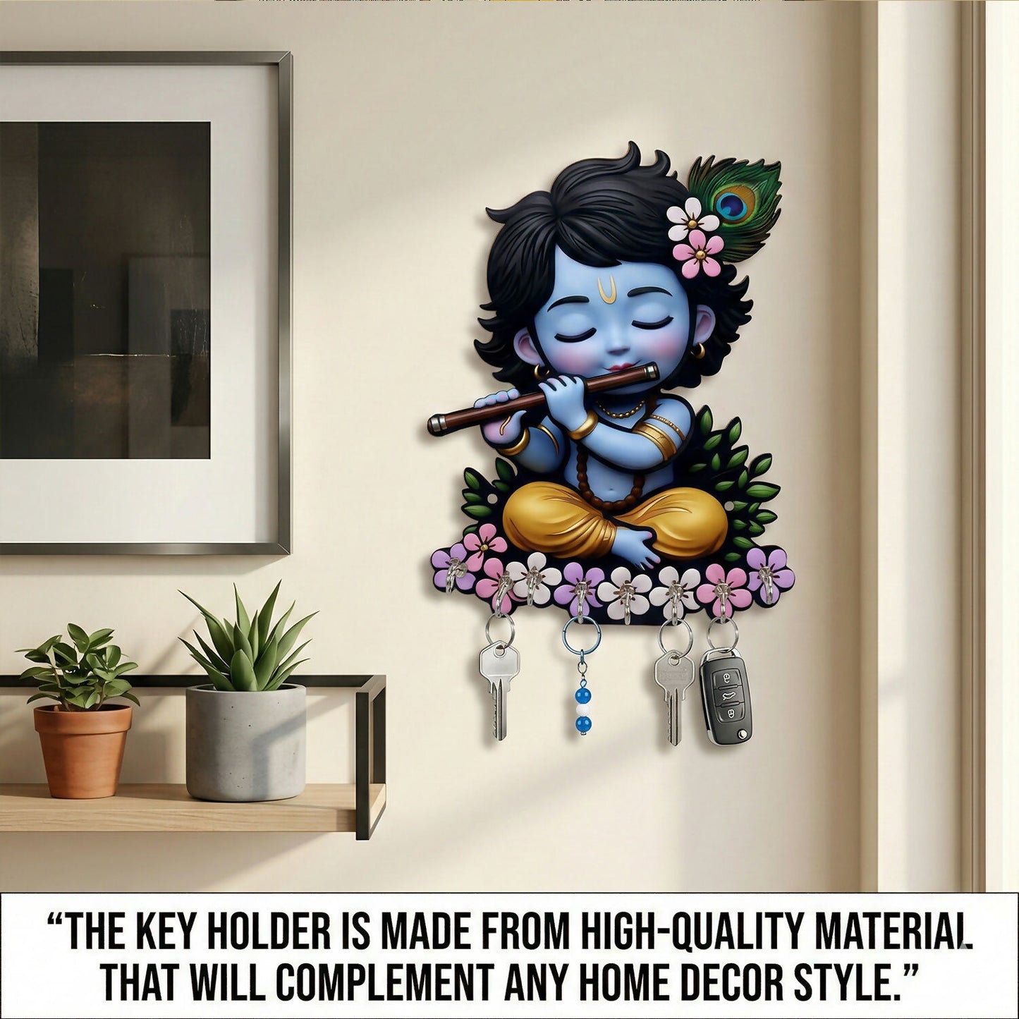 Krishna Wooden Wall Key Holder with 6 Hooks