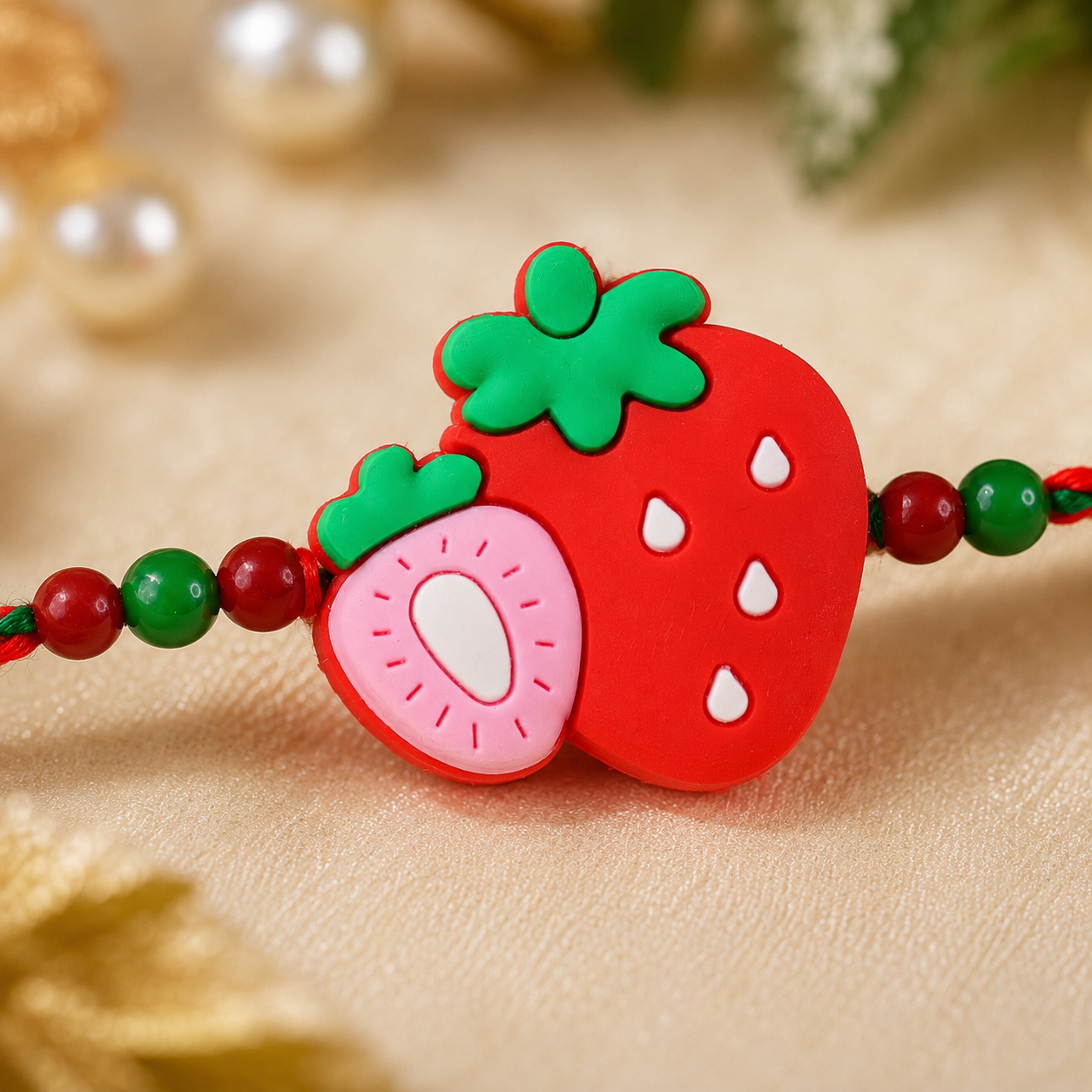 Strawberry Charm Kids Beaded Rakhi for Brother - Festive Design (10pcs)