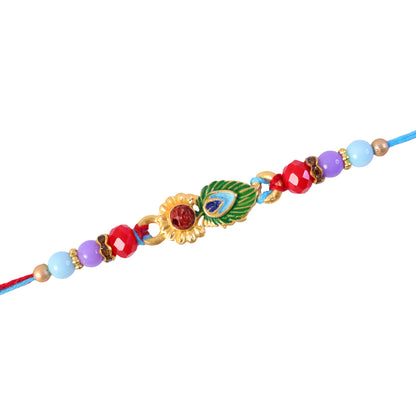 Peacock Feather Enamel Floral Stone Crystal Beads Designer Rakhi