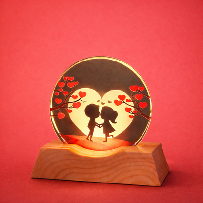 Romantic Couple LED Acrylic Lamp with Wooden Base | USB Powered Night Light