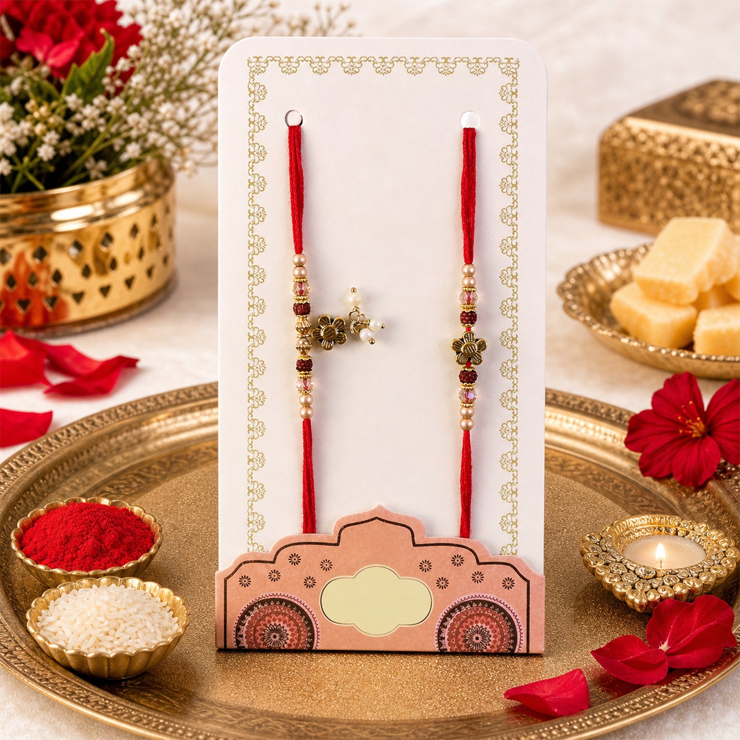 Divine Floral Motif Design Bhai Bhabhi Rakhi with Flower and Pearl Drop for Gifting