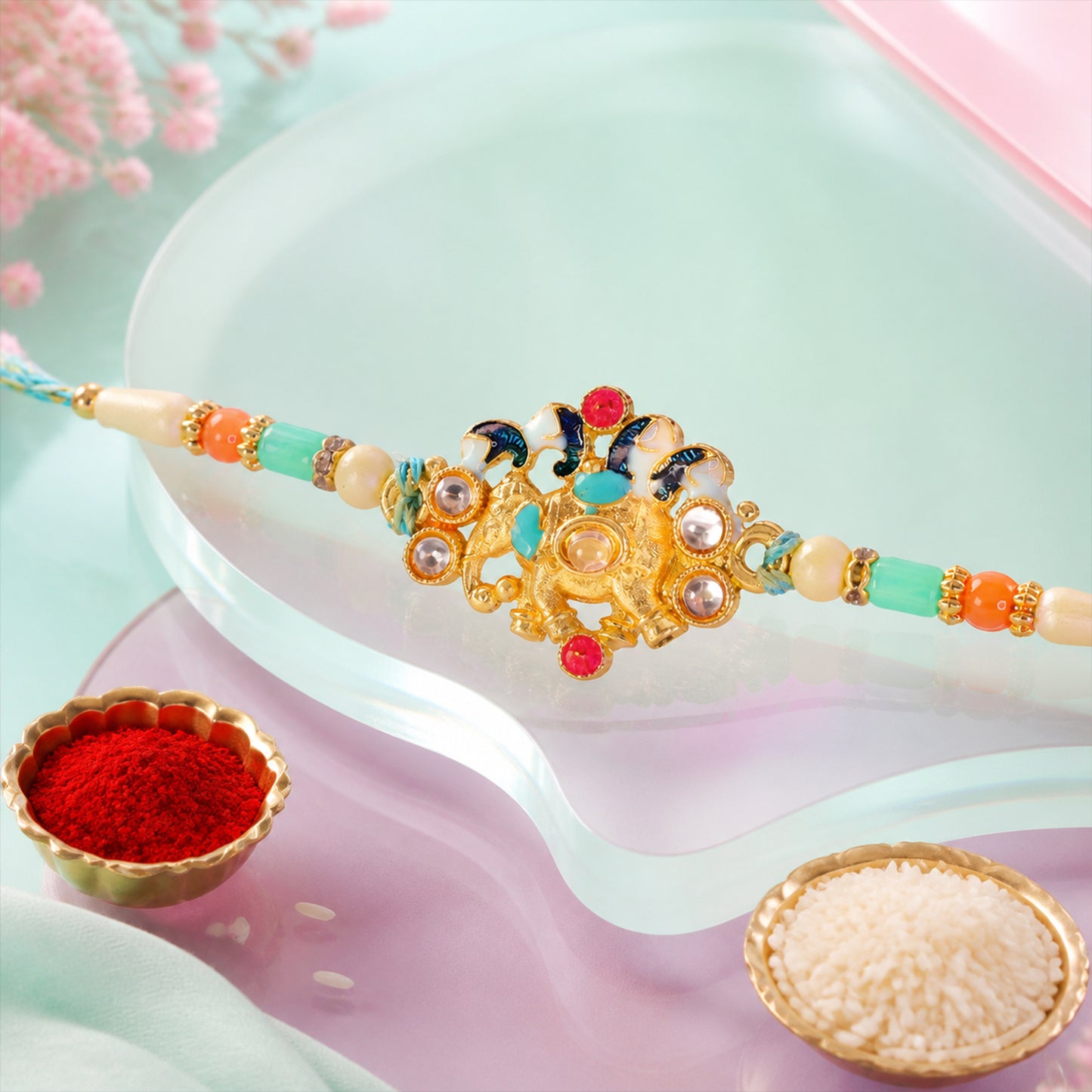 Festive Rakhi featuring Ornate Floral Charm and bead line in gift style for Gift Use