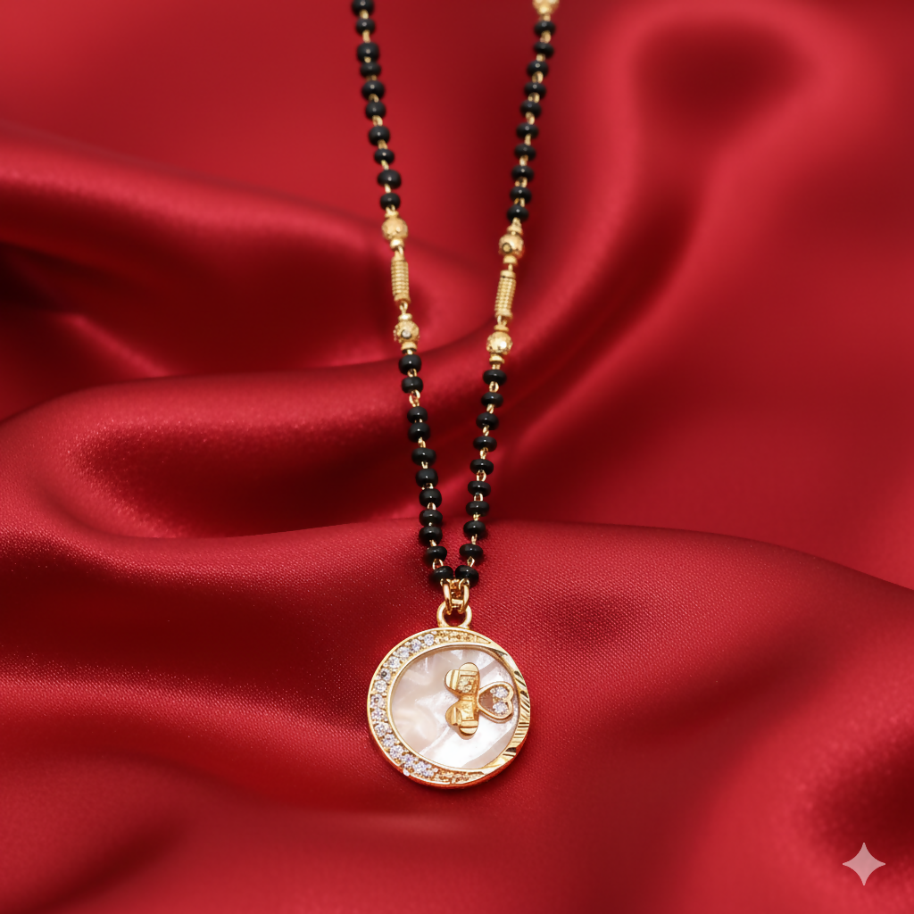 Gold-Plated AD Floral Circular Mangalsutra with Black Beads for women