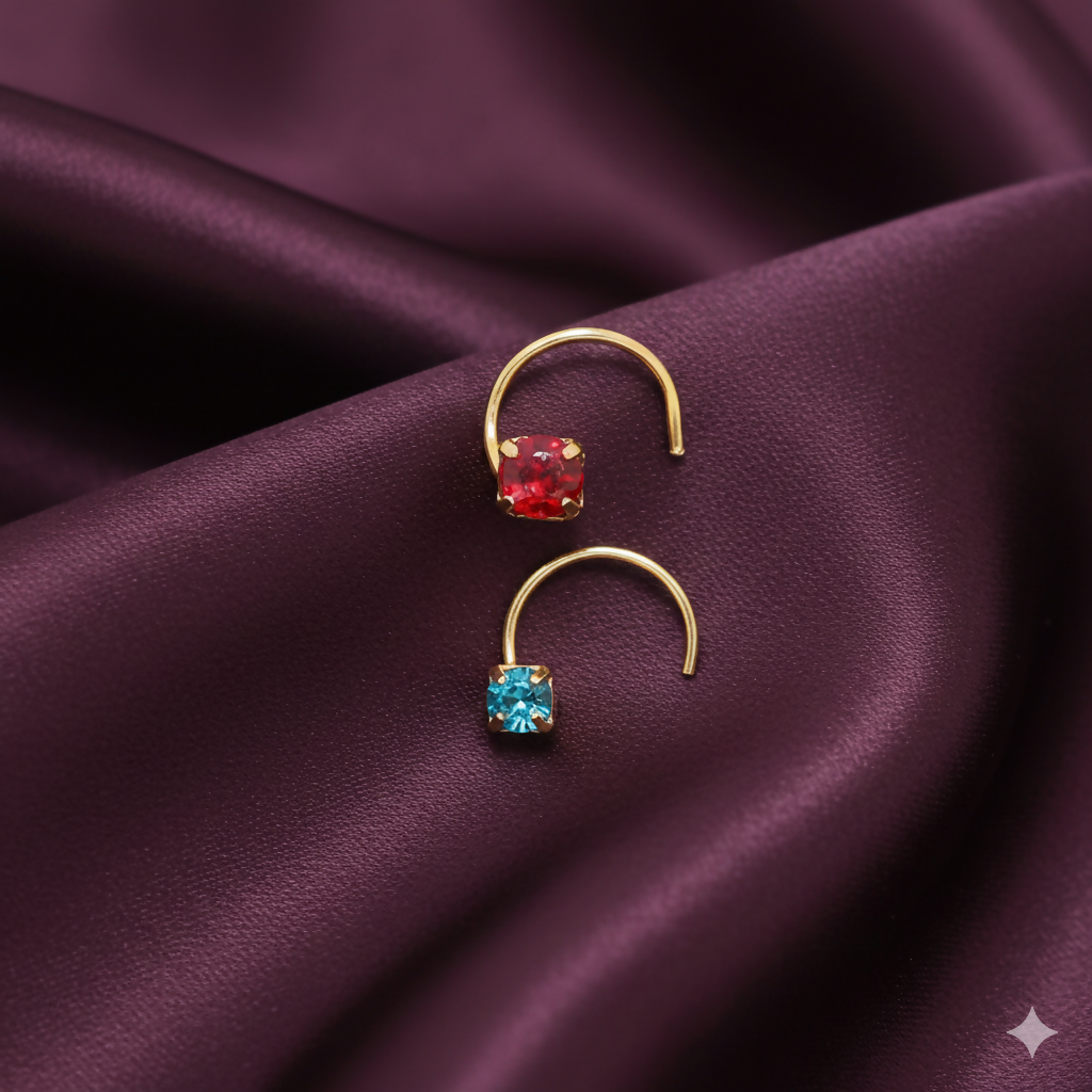 Gold Plated AD Ruby Red & Sky Blue Crystal Nose Pin KATI Set 2