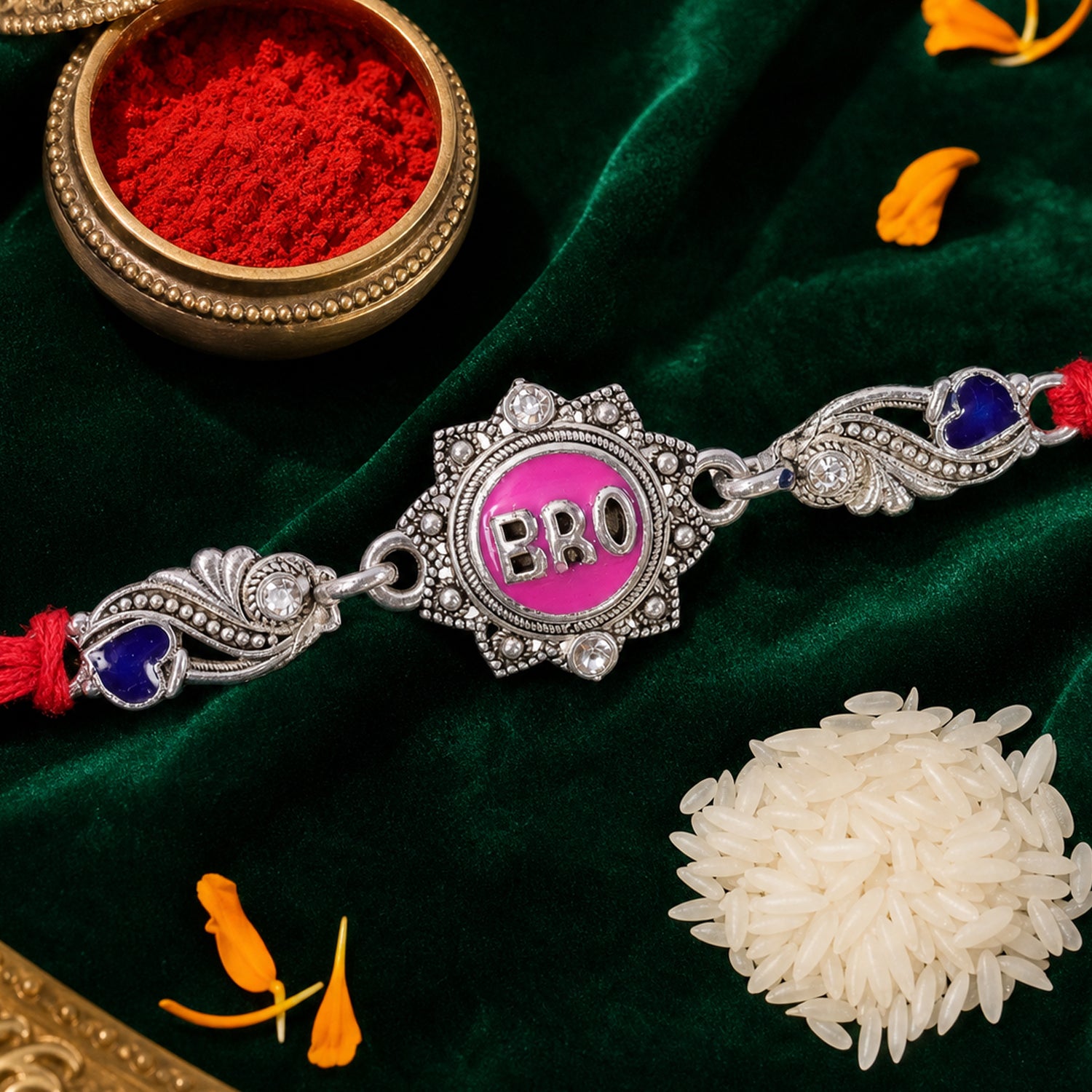 Silver-Toned BRO Rakhi with Pink Enamel, Blue Heart Accents, Crystals & Red Thread