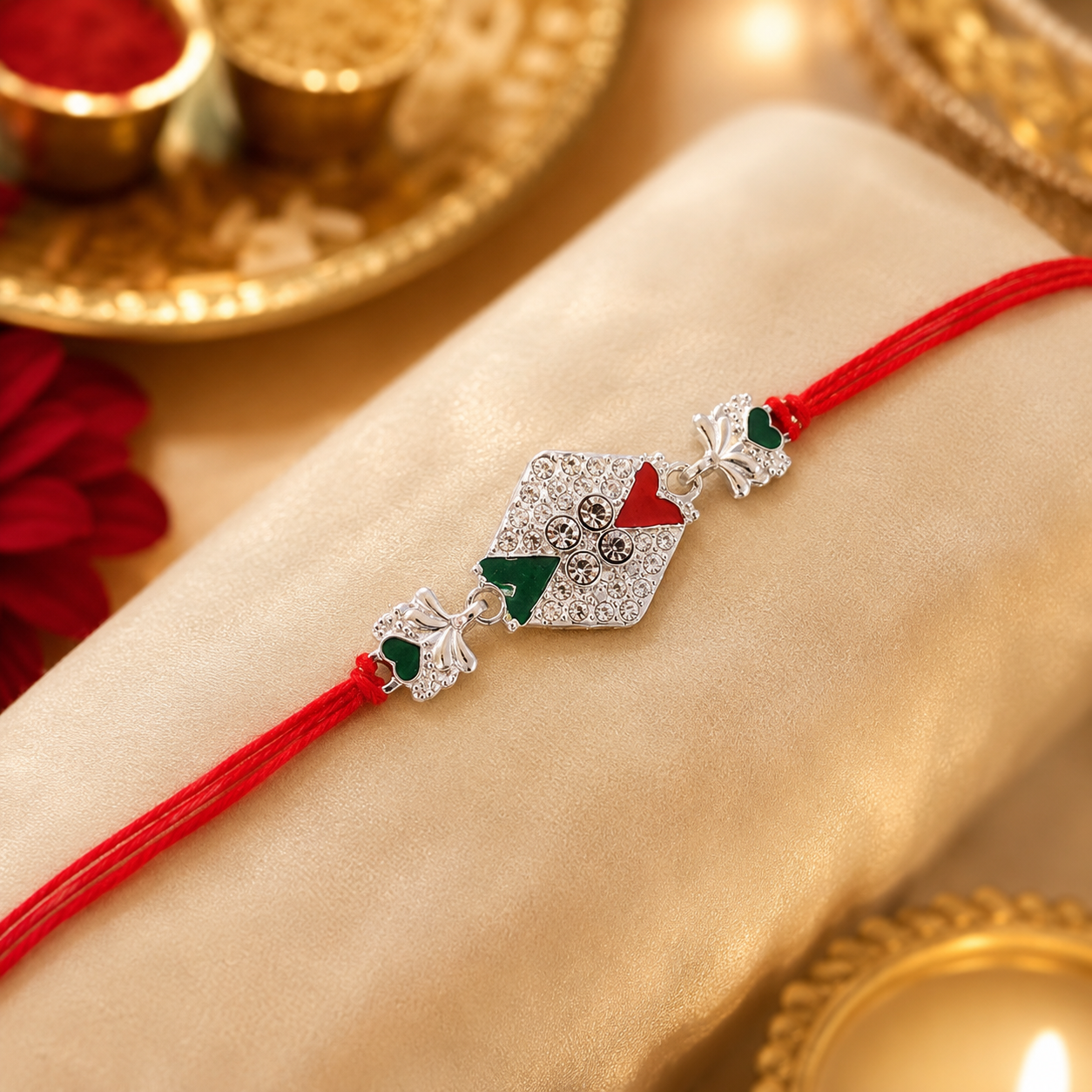 Silver Diamond Rakhi with Red Green Stones and Elephant Charms
