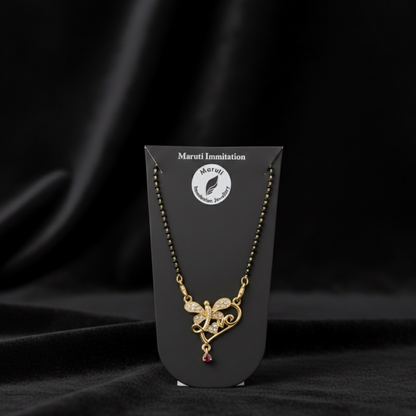 Butterfly Design Gold-Tone Mangalsutra with Sparkling Stones & Pink Dangler