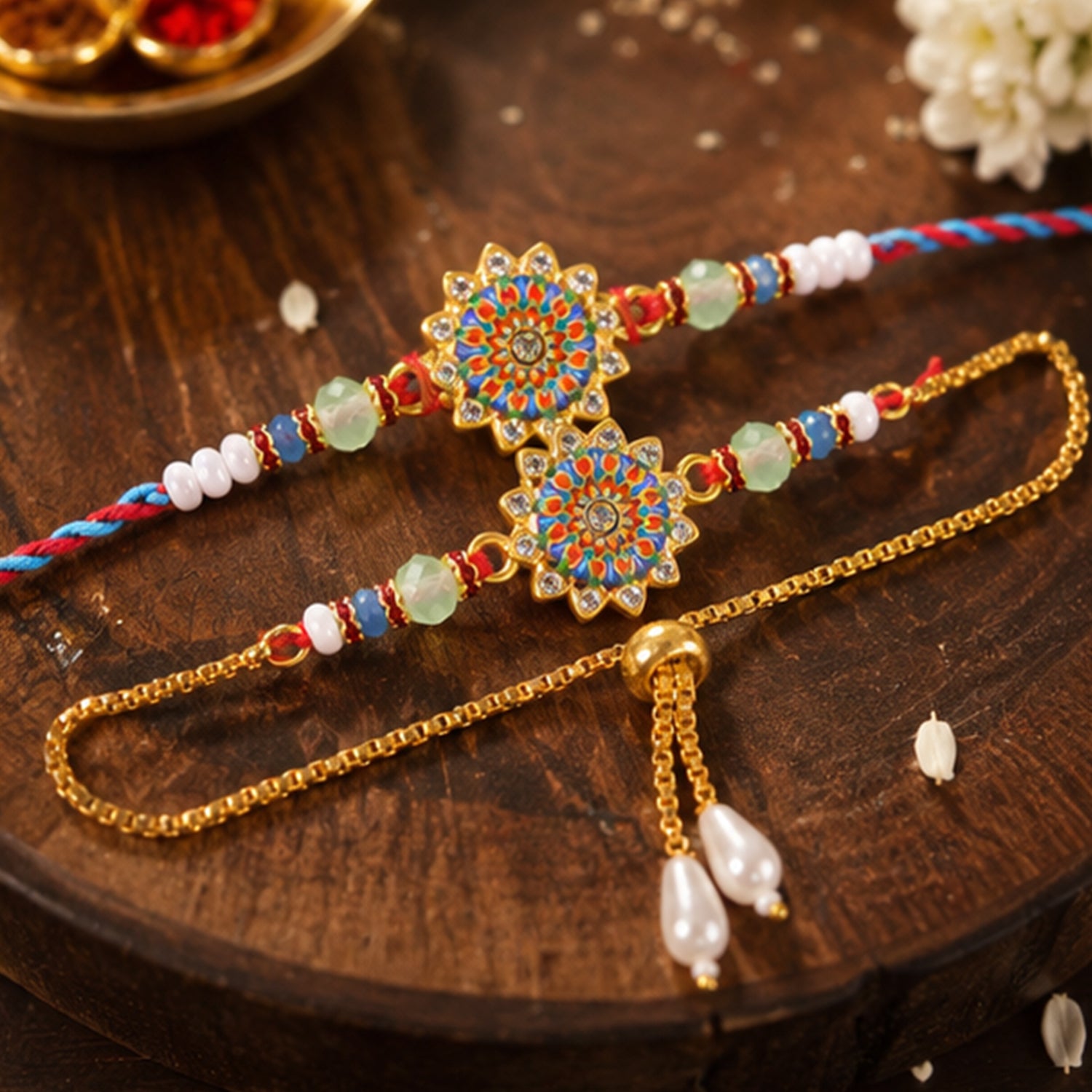 Round Floral Kundan Bhai Bhabhi Lumba Rakhi with Pearl Drop Charm