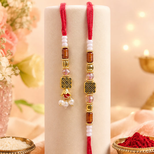 Geometric Square Couple Rakhi Set with Amber Beads and Pearl Lumba for Bhaiya Bhabhi
