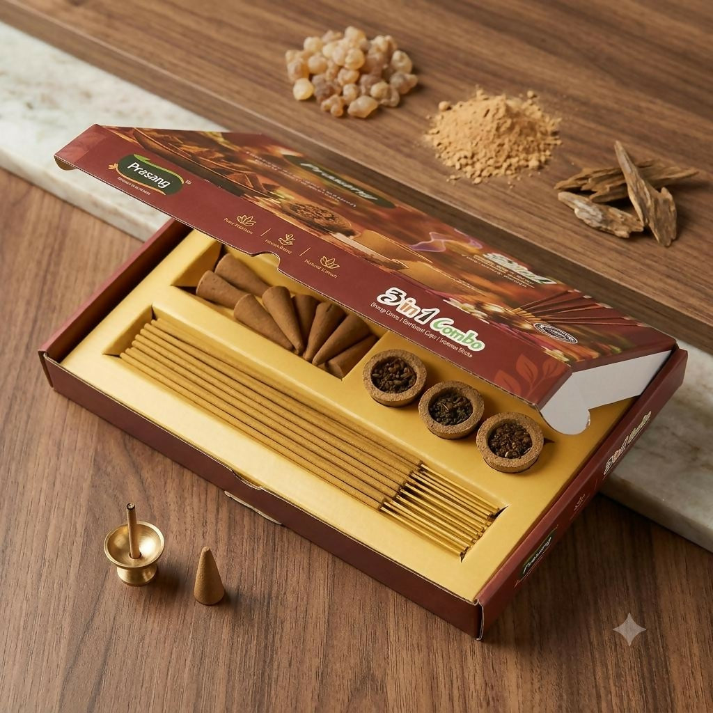 An open brown box of Prasang 3-in-1 combo with incense cones, cups, and sticks, alongside raw ingredients.