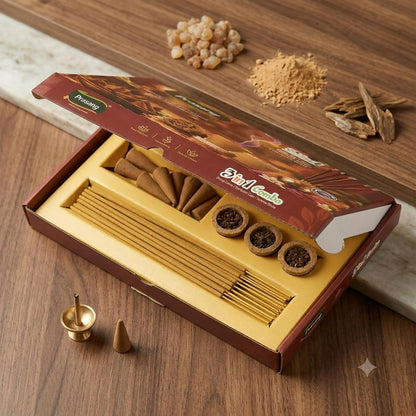An open brown box of Prasang 3-in-1 combo with incense cones, cups, and sticks, alongside raw ingredients.