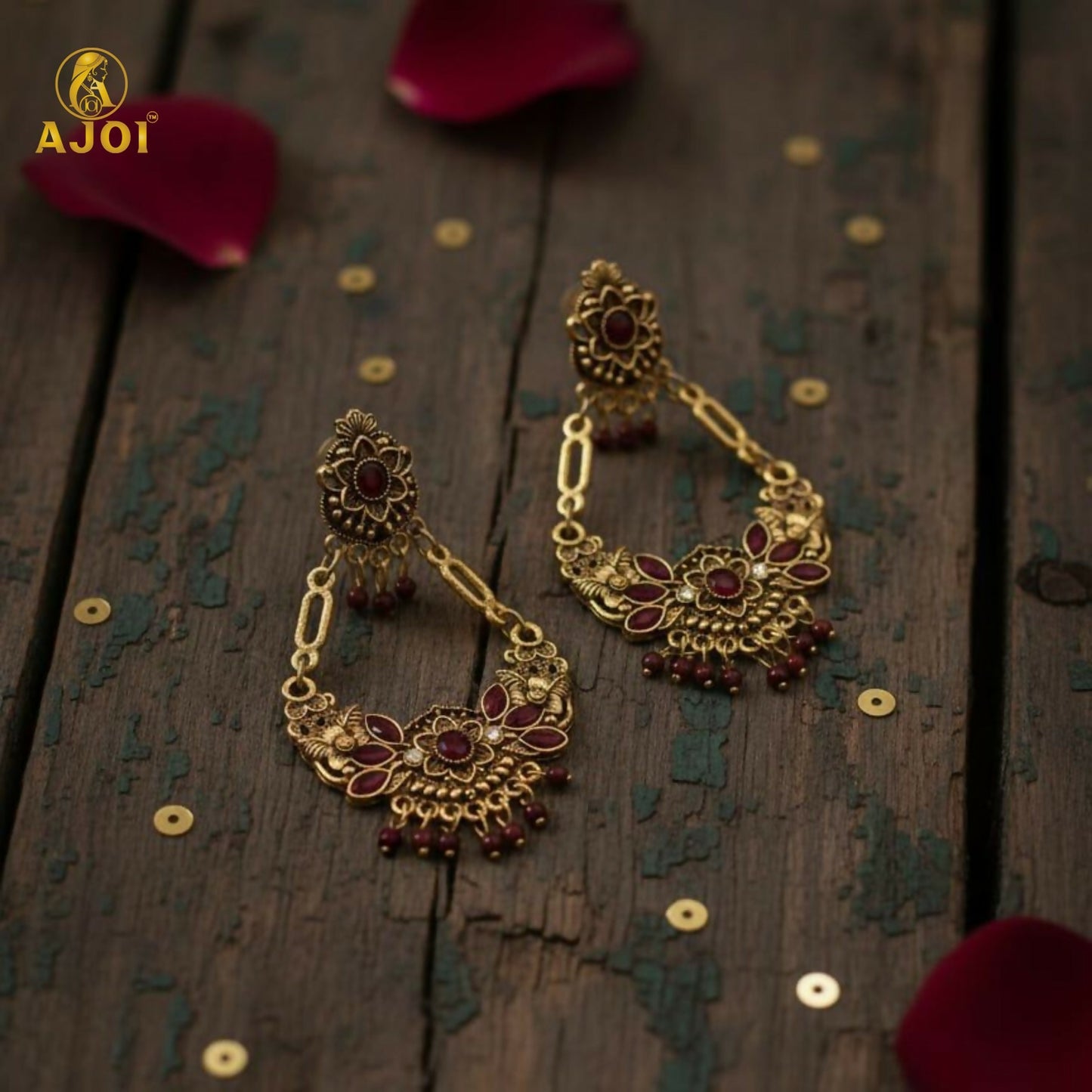Vintage chandbali earrings with antique golden texture detail