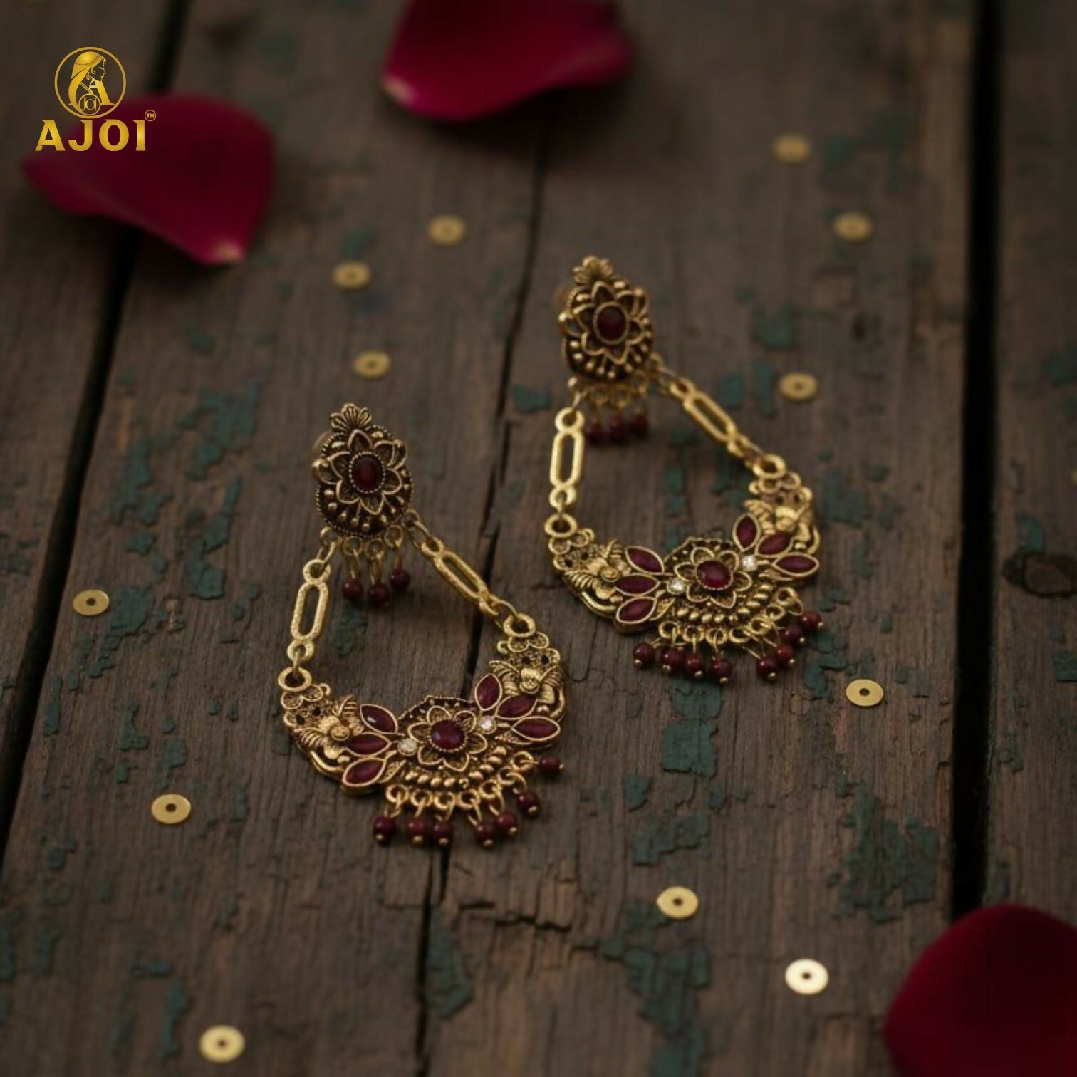 Vintage chandbali earrings with antique golden texture detail