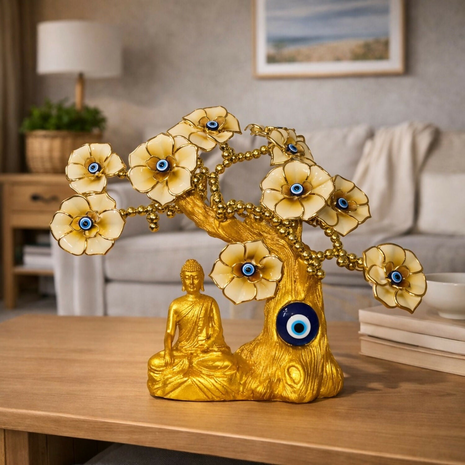 Golden Buddha Tree Showpiece with Yellow Flowers & Evil Eye for Home Decor