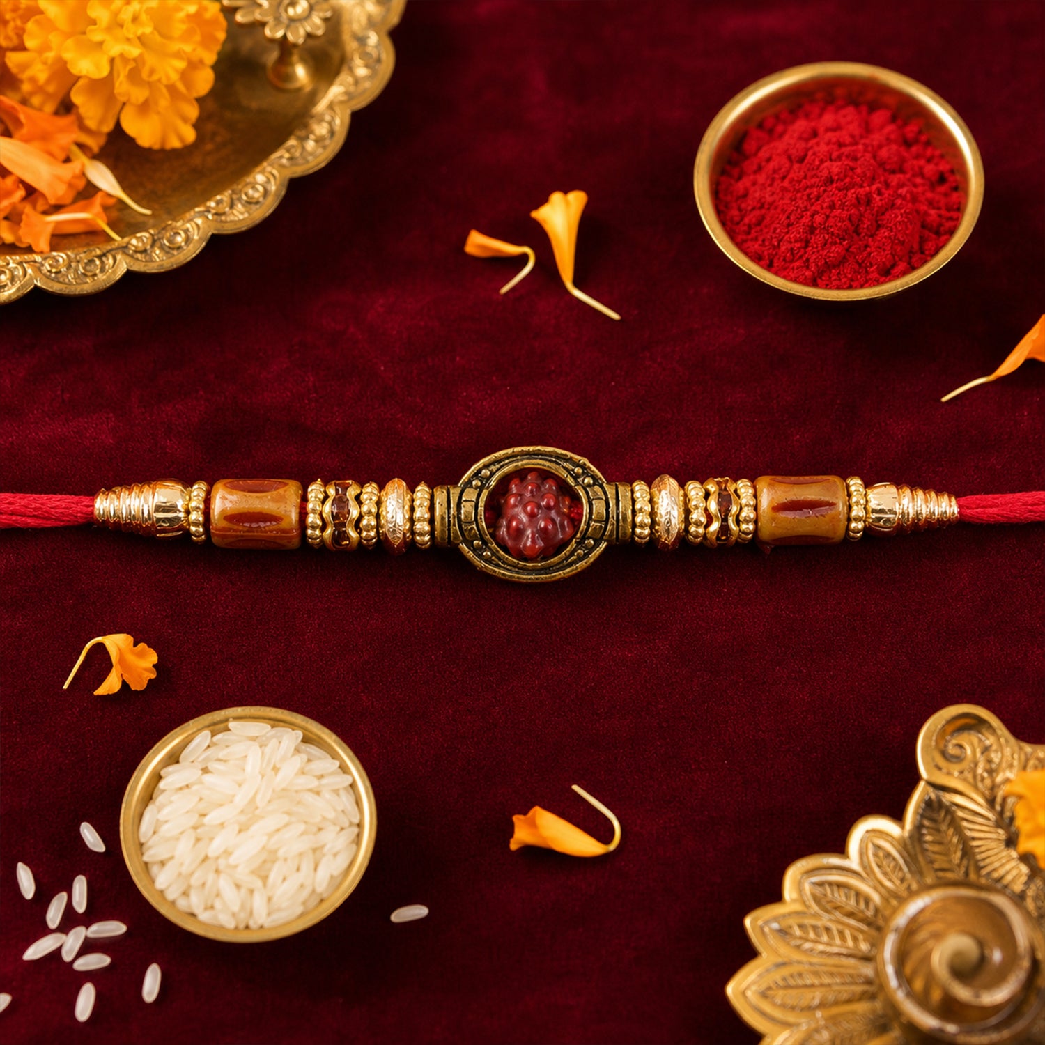 Red Thread Rakhi with Amber Beads and Antique Gold Oval Charm