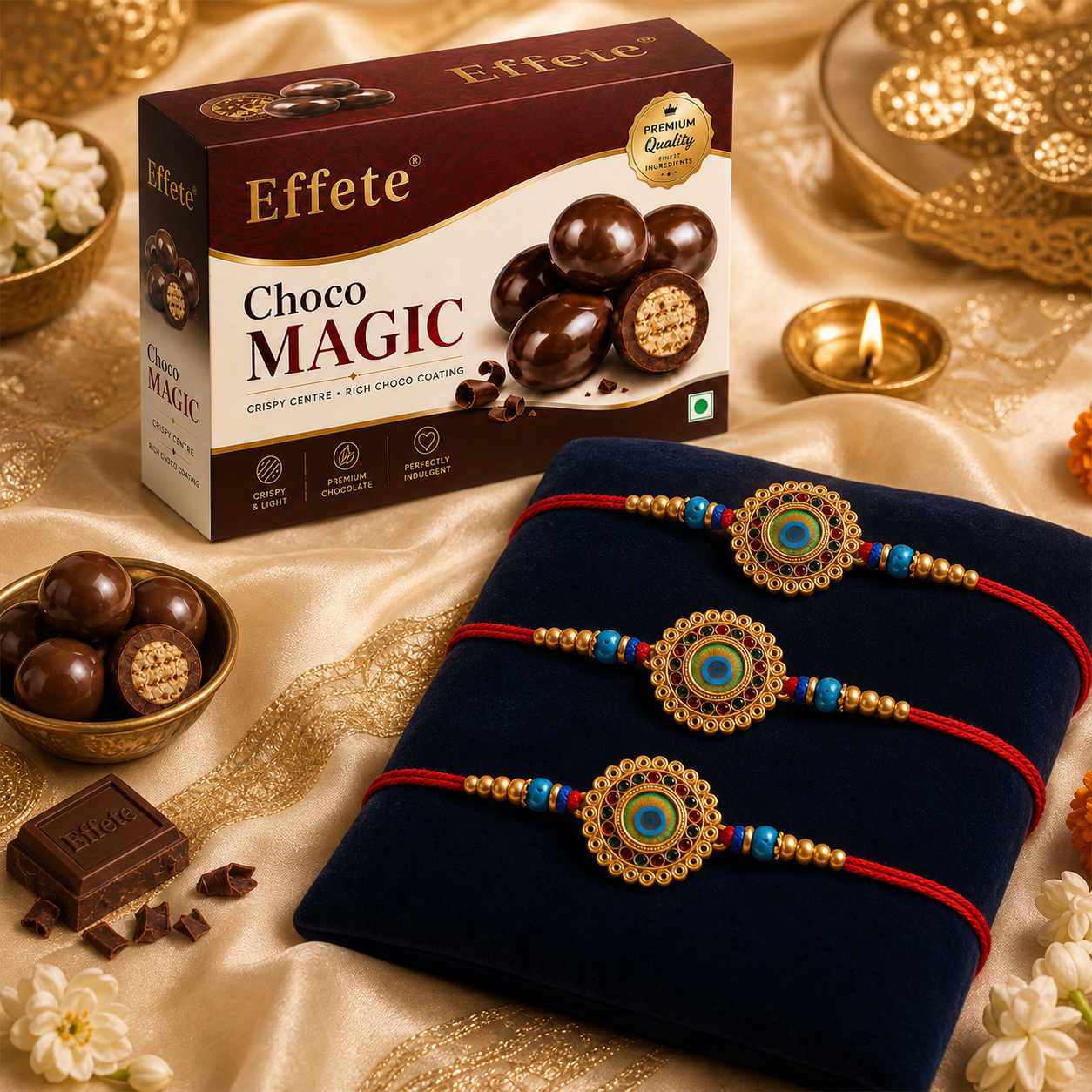 Circular Peacock Eye Meenakari Rakhi with Choco Magic, Pack of 3