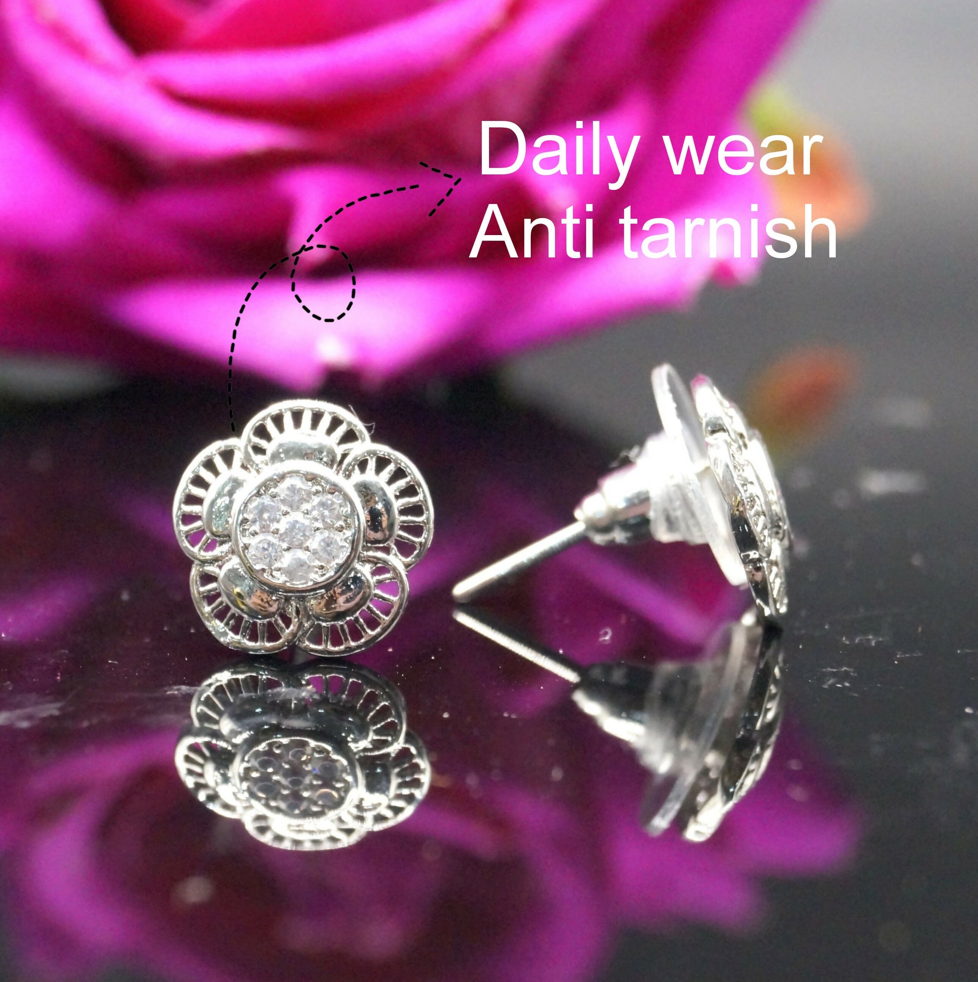 Silver-Plated AD Flower Stud Earrings for women and girls