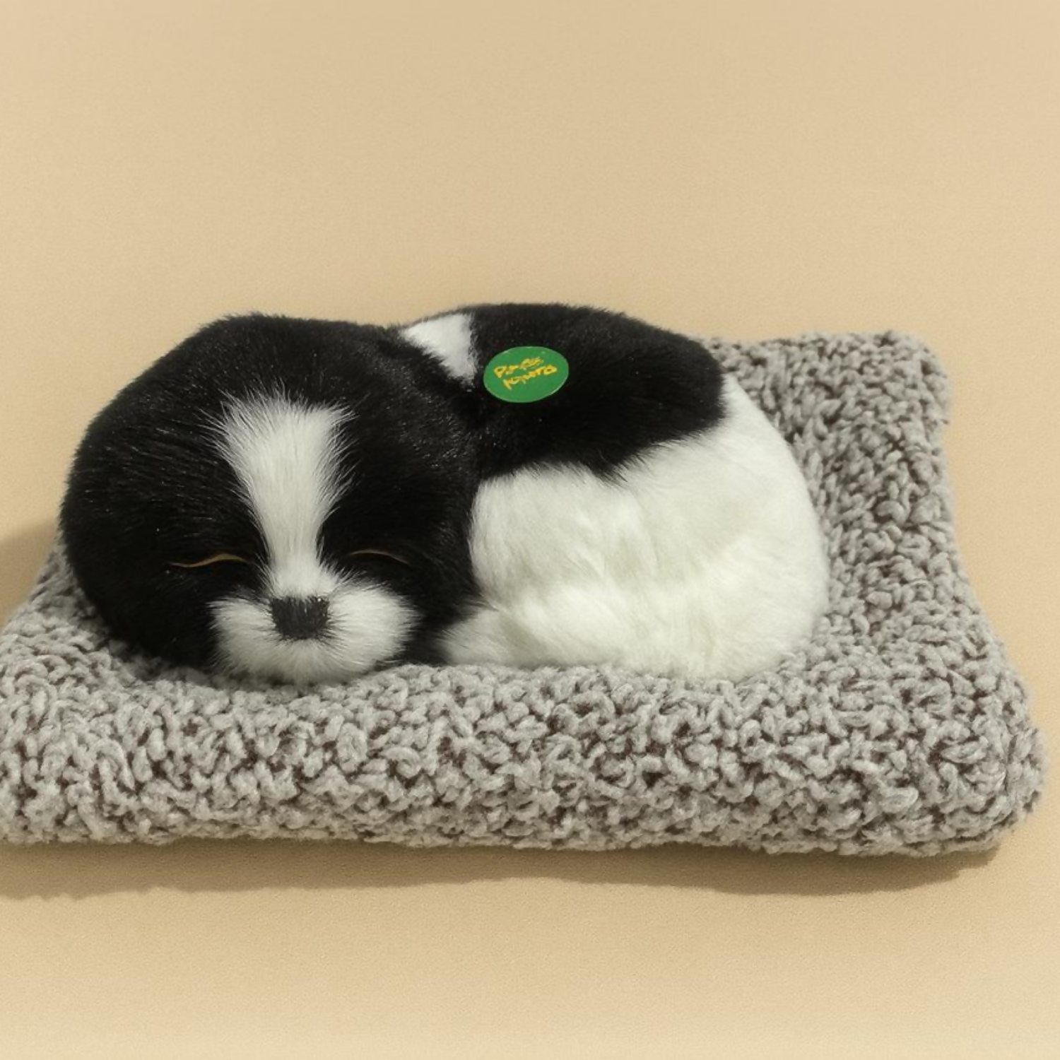 Premium Black & White Sleeping Puppy Dashboard Toy – Ultra-Soft Faux Fur Realistic Dog Figurine with Cozy Plush Knitted Bed, Cute Car Dashboard Decor Ornament, Home & Office Table Showpiece, Adorable Gift for Dog Lovers & Kids