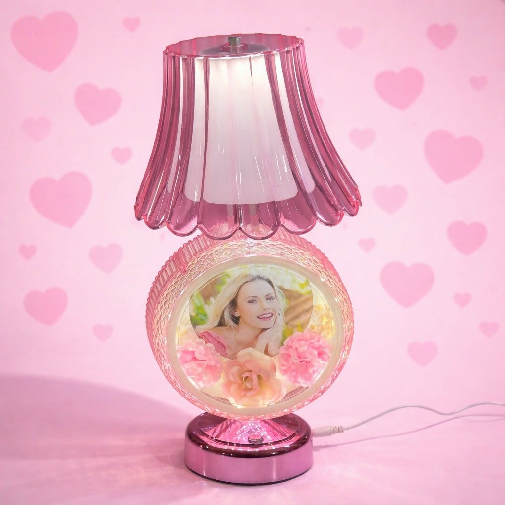Decorative bedside round photo lamp in cozy bedroom setting