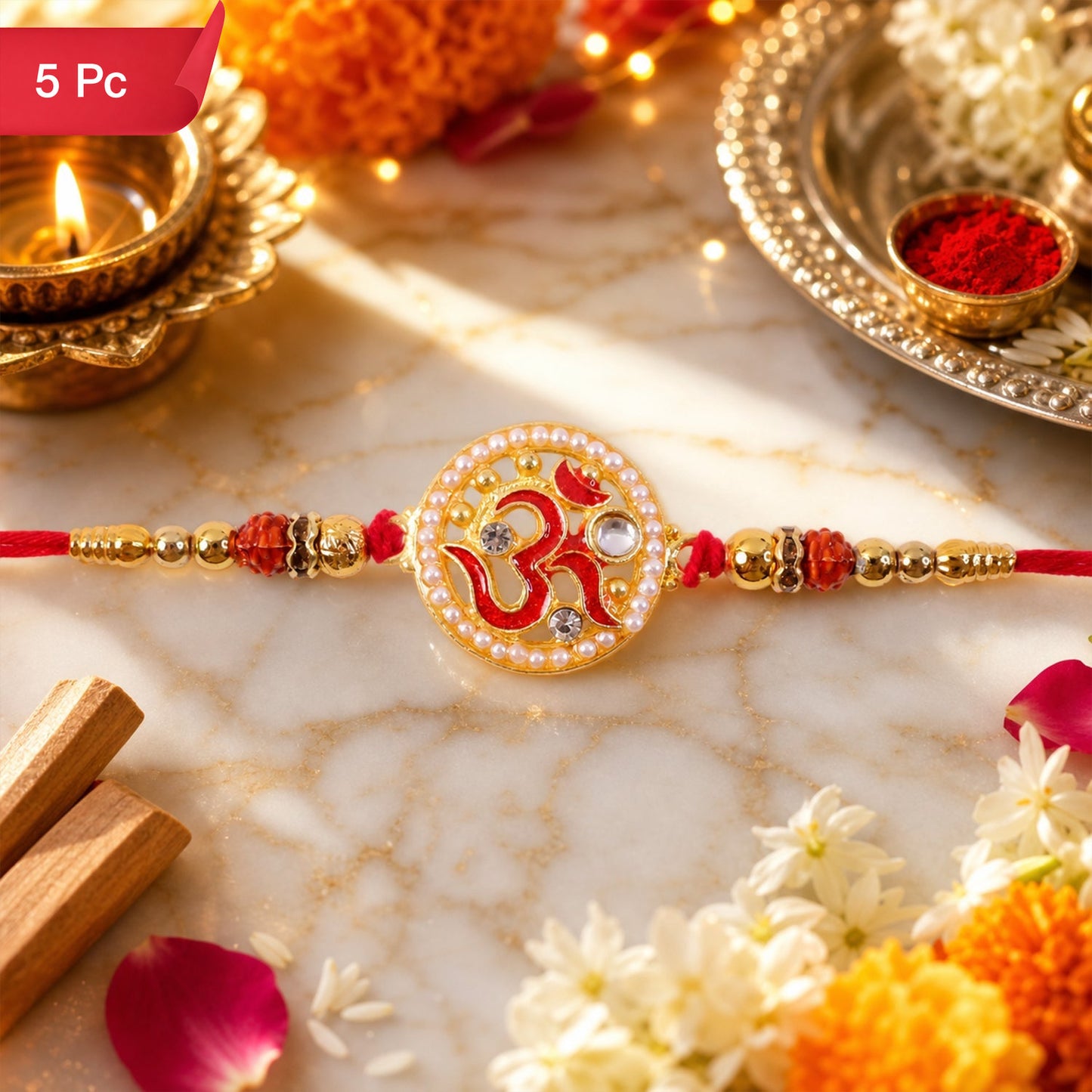 Om Pearl Kundan Beaded Rakhi for Brother (5pcs)