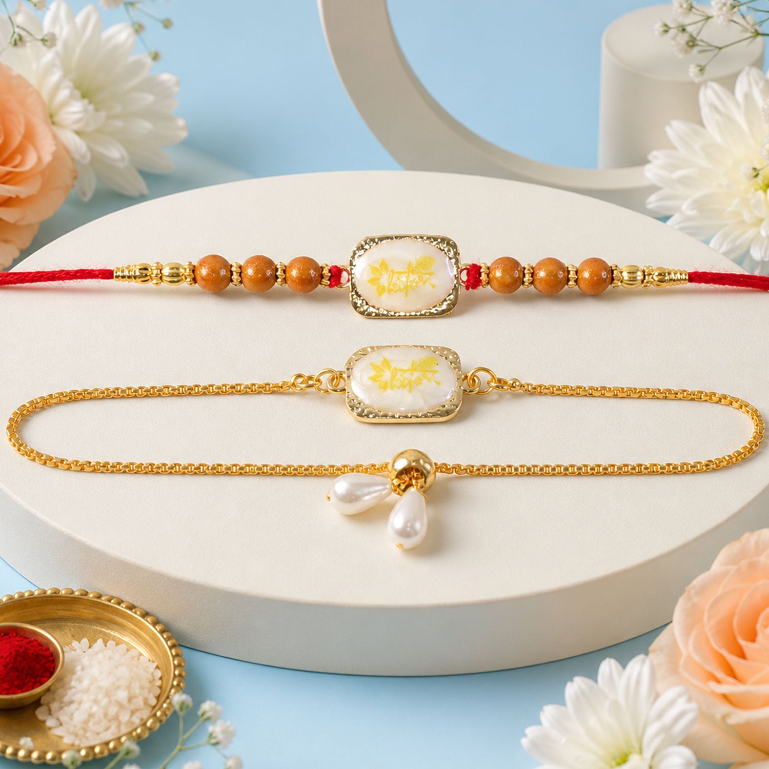 Krishna Bansuri Printed Stone Stylish Beads Bhai Bhabhi Rakhi Lumba Set