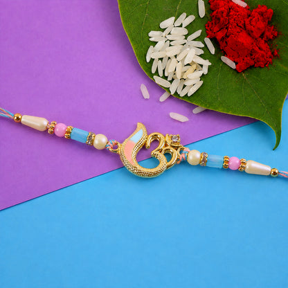 Peacock and Om Enamel Pendant Rakhi with Pastel Beads