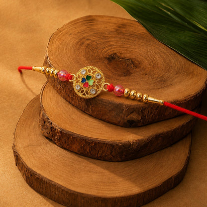 Festive Four-Petal Rakhi with Bright Enamel, Clear Stones and Translucent Beads (5pcs)