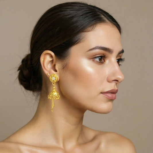 Elegant floral round stud jhumka earrings with gold chain drops
