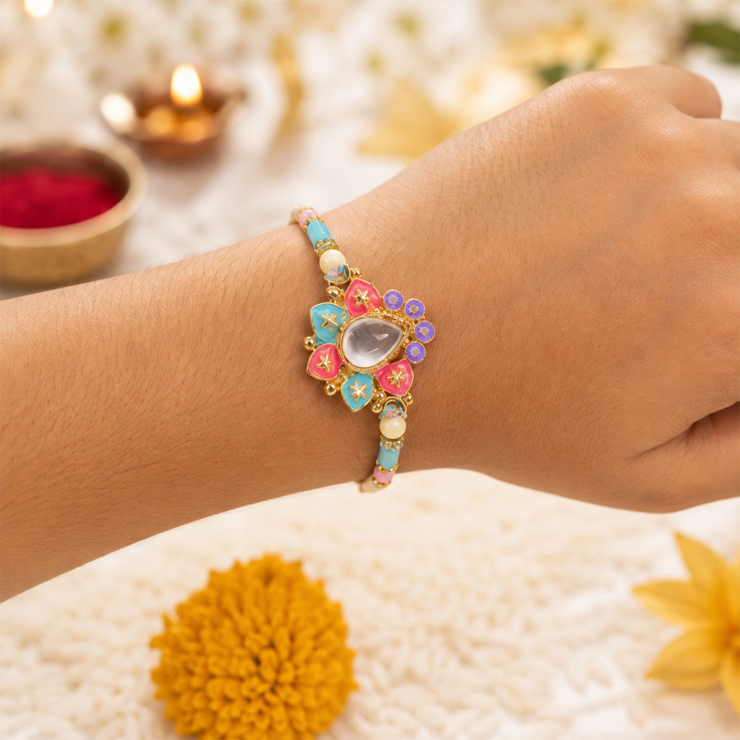 Multicolor Floral Kundan Pendant Rakhi with Pastel Beads