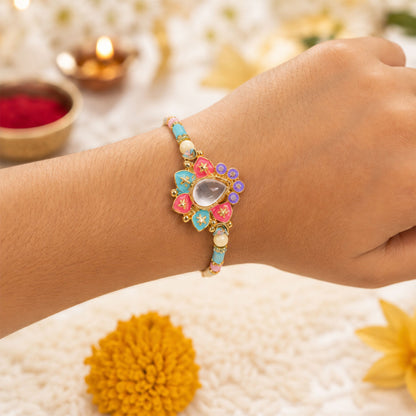 Multicolor Floral Kundan Pendant Rakhi with Pastel Beads
