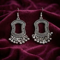 Oxidized Silver Bohemian Statement Drop Earrings with Intricate Dot Detailing & Hanging Bells