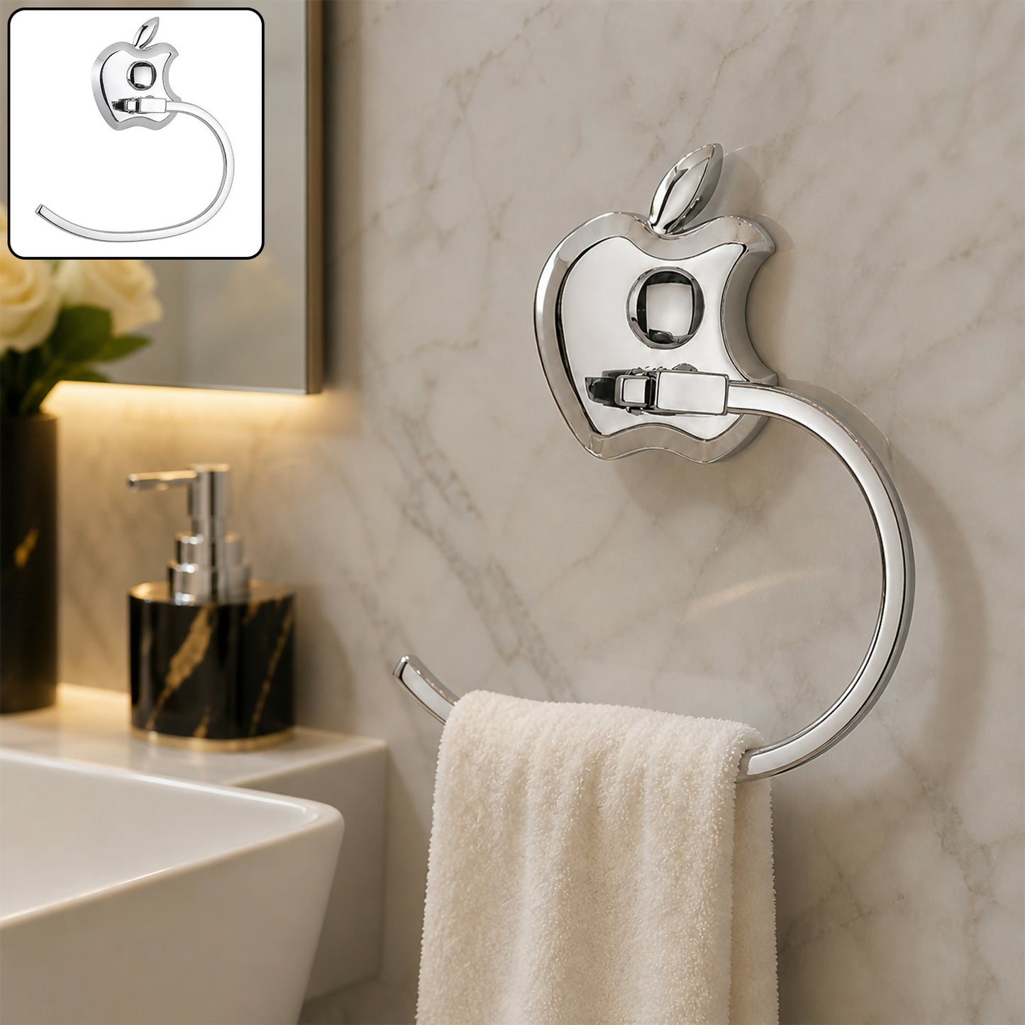 Stainless steel apple-shaped bathroom towel holder in chrome finish