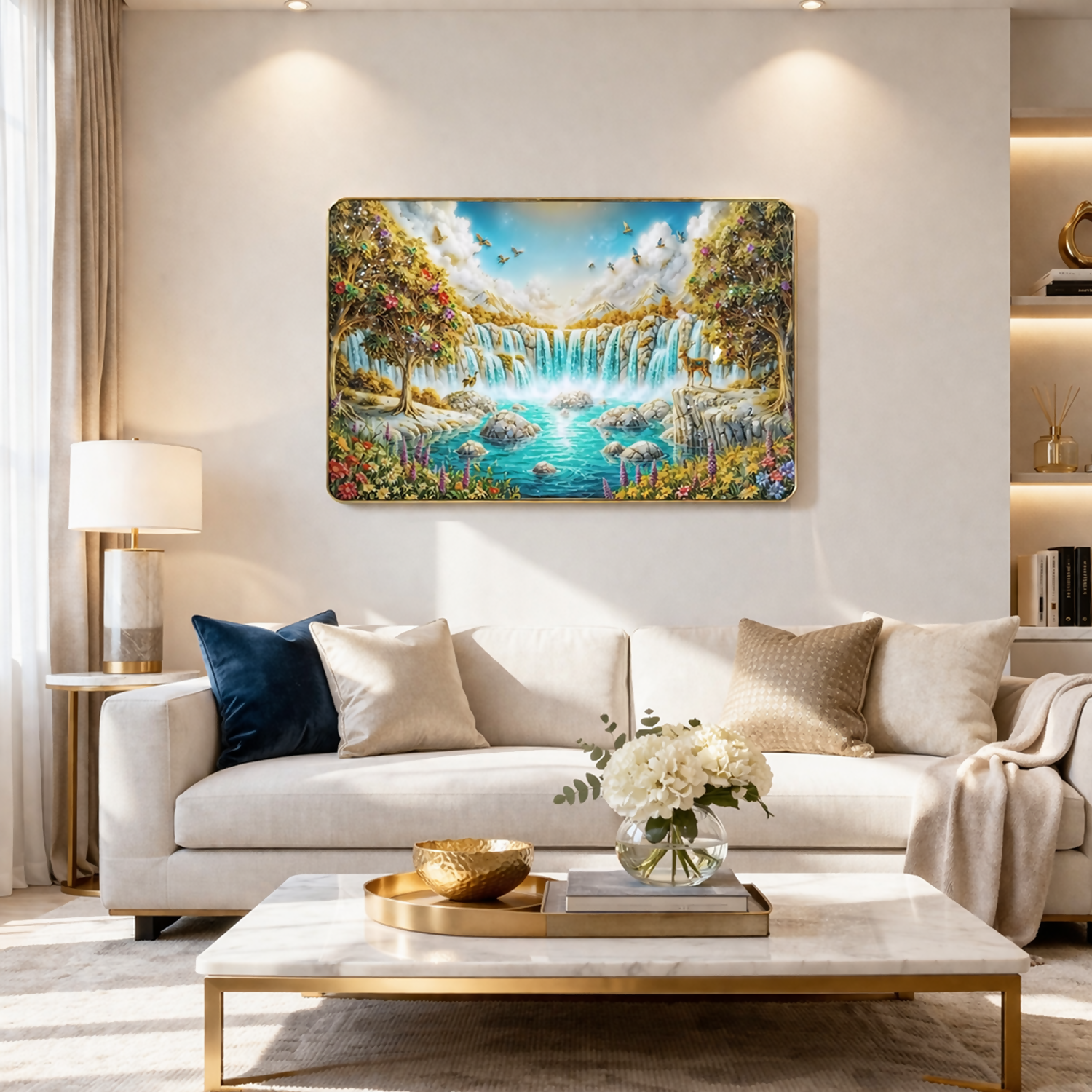 Premium 3D Waterfall Wall Décor with Golden Frame