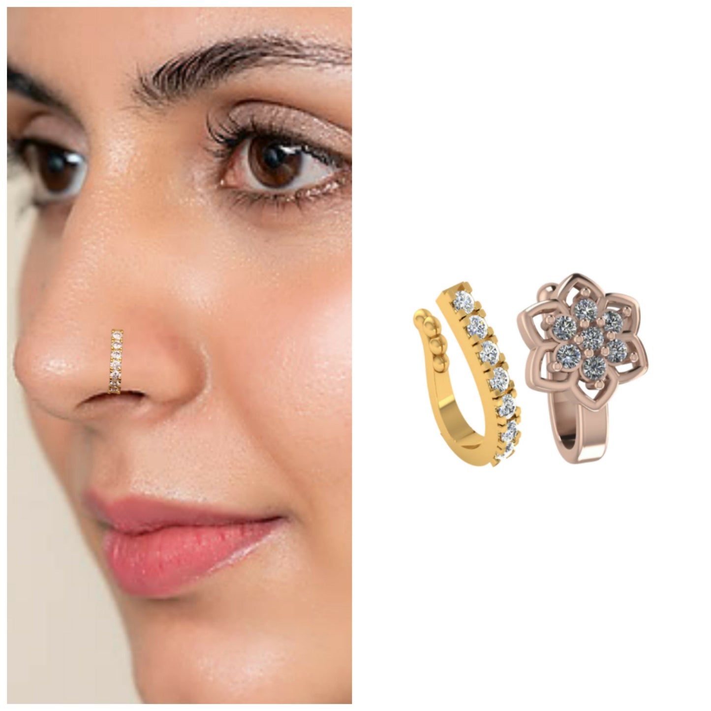 Gold tone cubic zirconia non-piercing nose cuff set front view