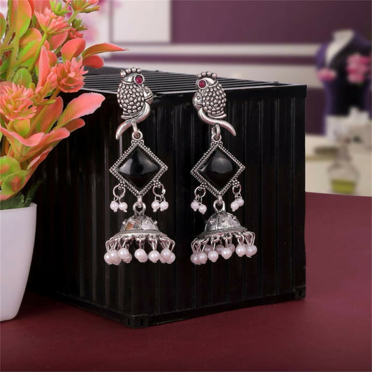 Oxidised Silver Black Stone Parrot Design Jhumka Earrings for Women & Girls