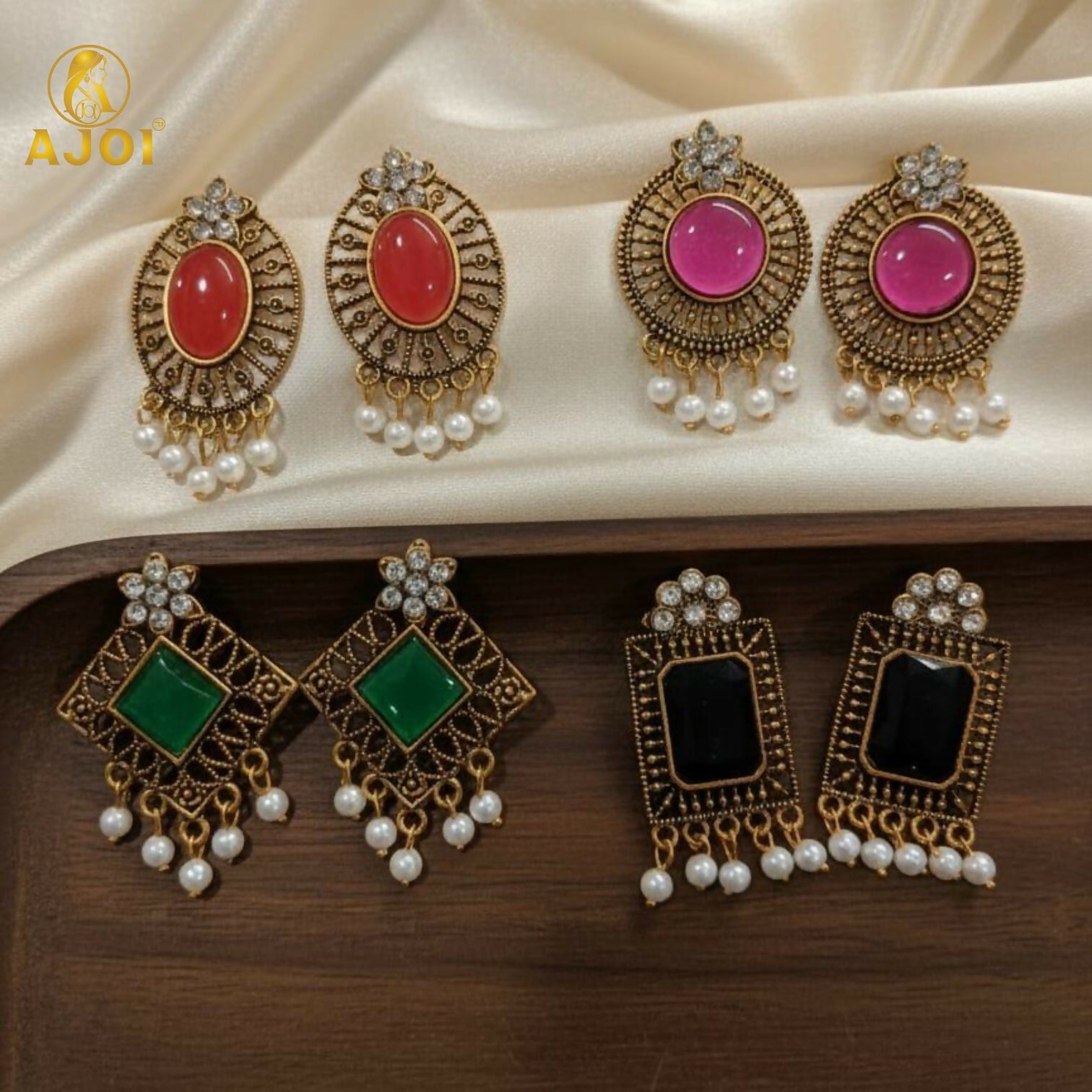 Royal Antique Stone & Pearl Drop Earrings Combo – 4 Designer Pairs