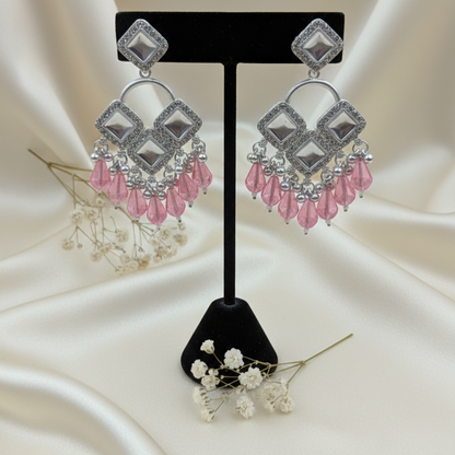 Elegant Silver Plated Chandelier Earrings Featuring Square Crystals and Baby Pink Teardrop Beads