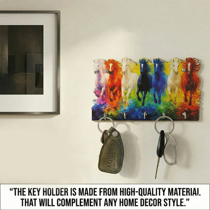 Seven Colorful Horse Wooden Key Holder | 5 Hook Wall Organizer