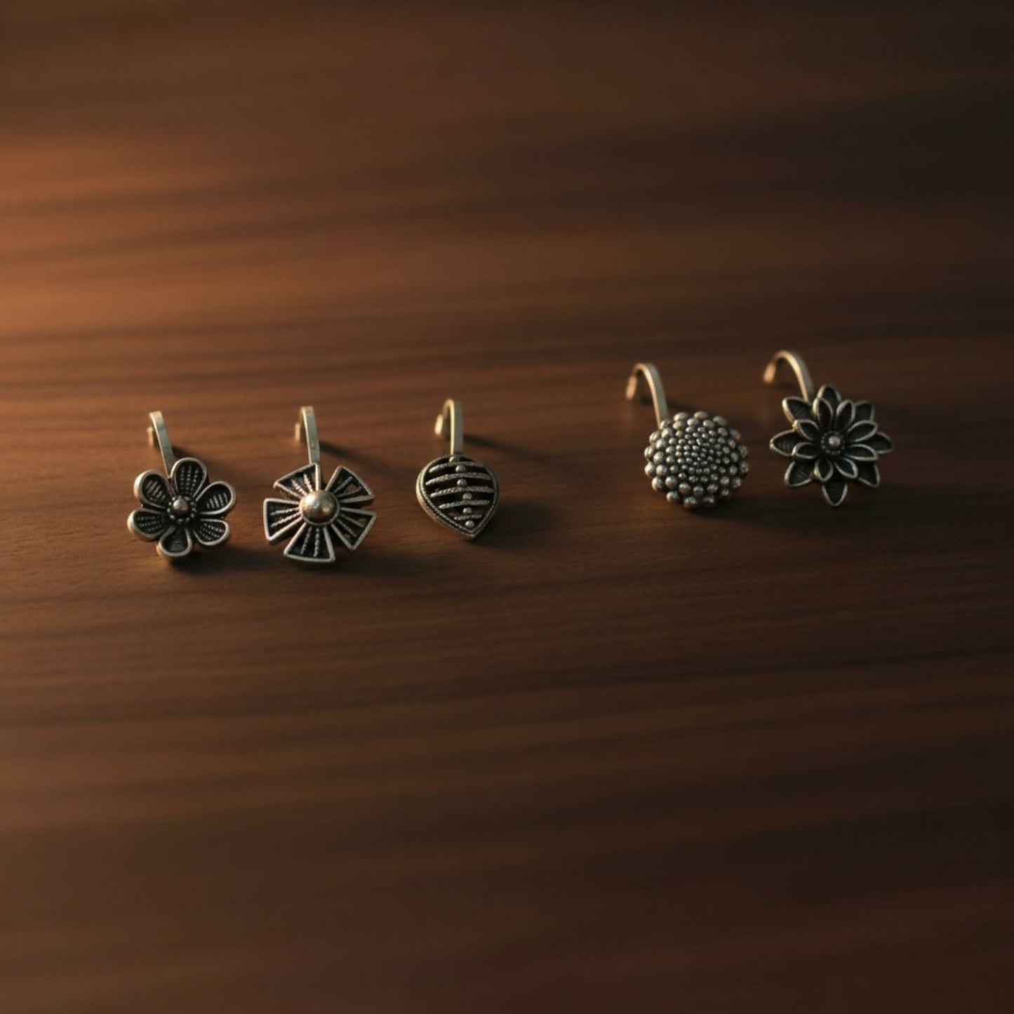 Oxidized Silver Designer Nose Pins for Women & Girls (Pack of 5)