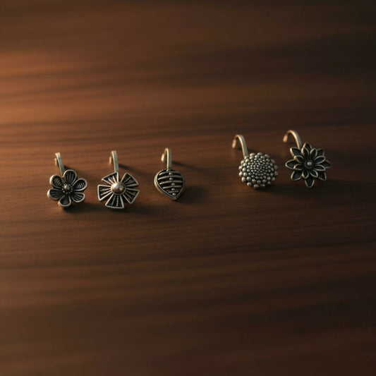 Oxidized Silver Designer Nose Pins for Women & Girls (Pack of 5)