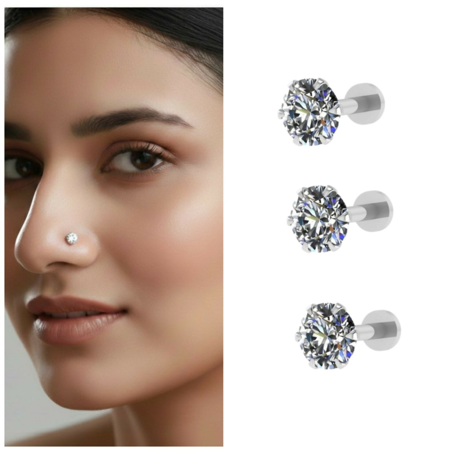 Silver plated nosepin stud set featuring brilliant simulated diamonds in secure settings