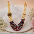 Pearl Beaded Ruby Green Stone Layered Necklace Set with Antique Pendant Design