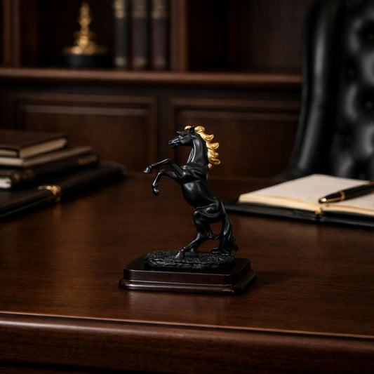 Black Horse poly-resin Showpiece with Golden Mane for Home Decor | Lucky Horse Statue
