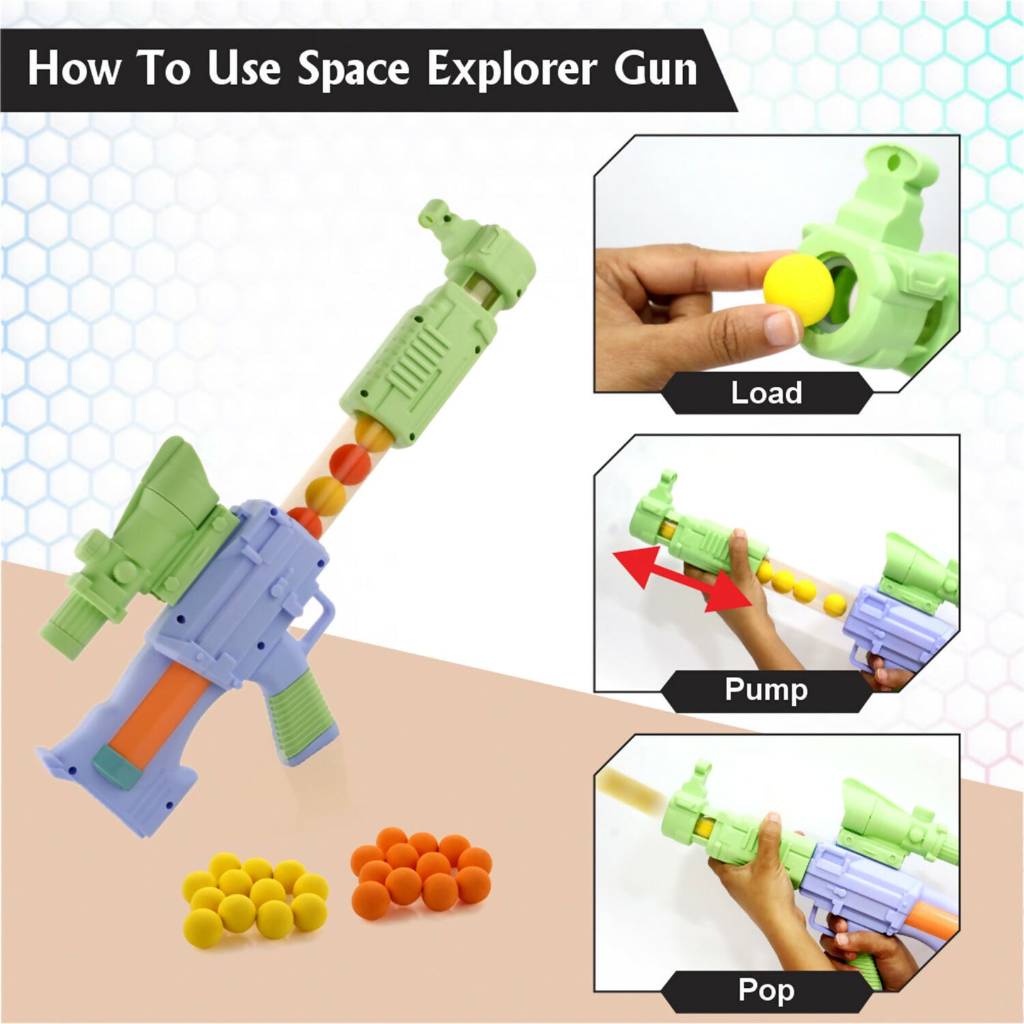 Set of 12 orange and 12 yellow soft foam balls included with the Aditi Space Explorer Gun